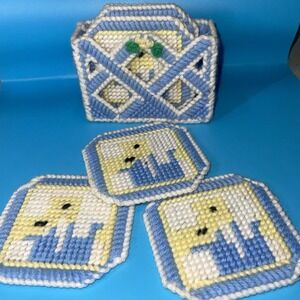 Vintage Plastic Canvas Needlepoint Coasters Holder Crochet Flower Grandma Core